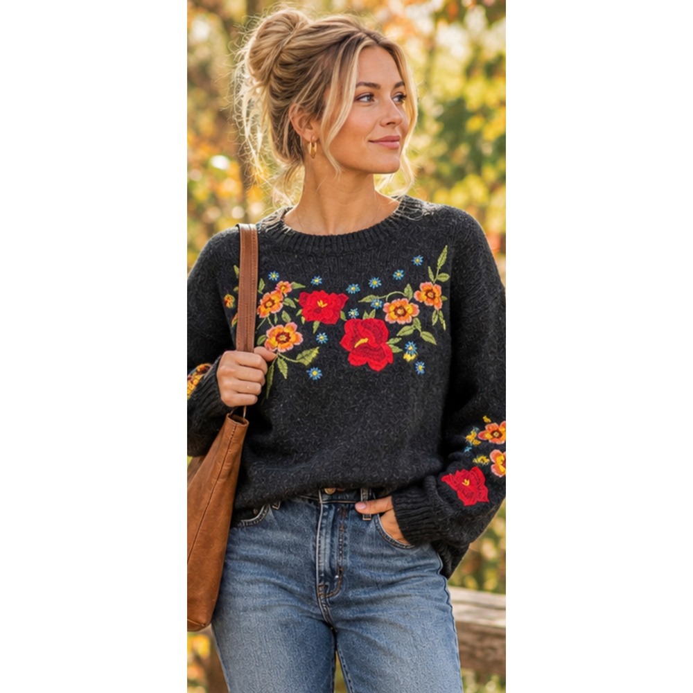 Cliche Embroidered Floral Sweater Charcoal Grey Crewneck Size Large 210462TJ